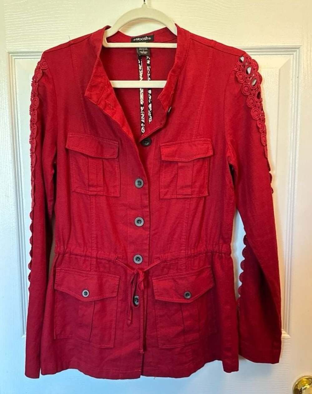 Stoosh Red Linen Blend Crochet Sleeve Utility Jacket Size S
